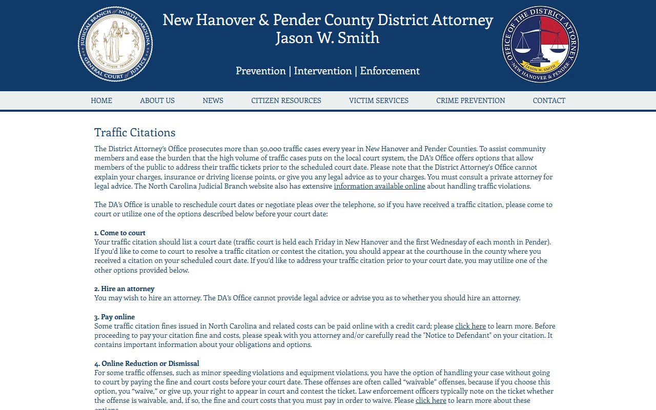 New Hanover County District Attorney traffic ticket information