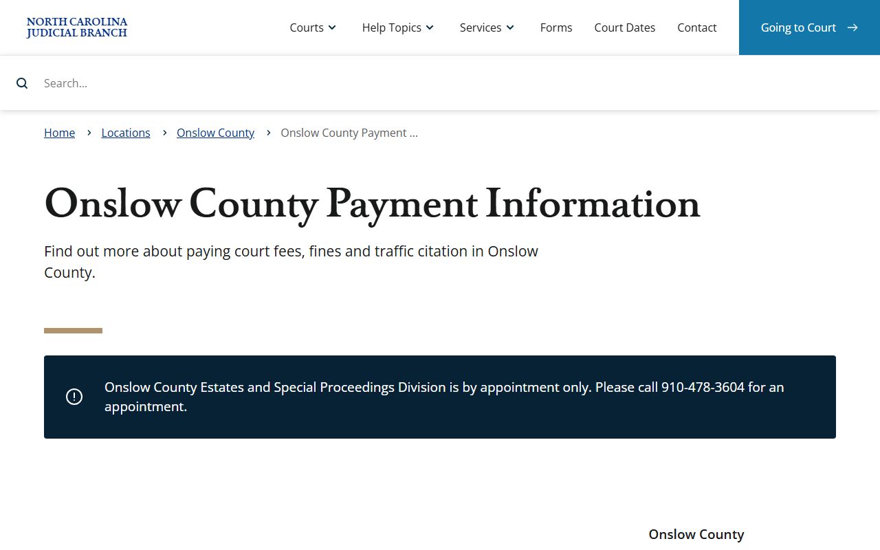 Onslow County payment information for traffic ticket records