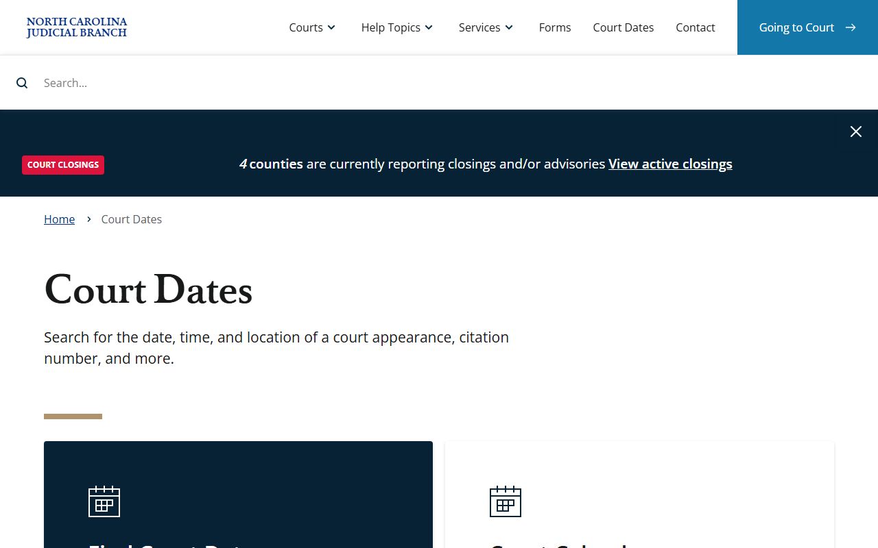North Carolina court date search page for traffic ticket records