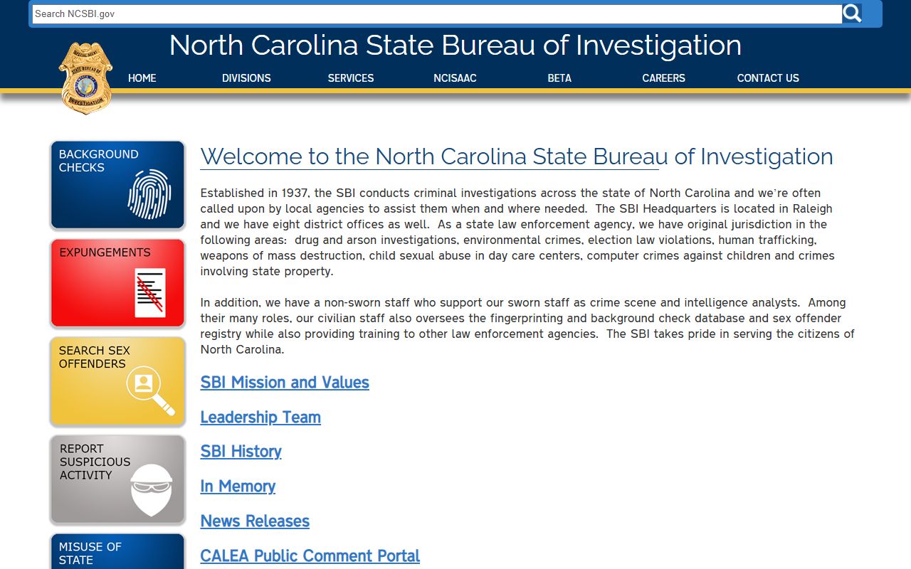 North Carolina State Bureau of Investigation homepage