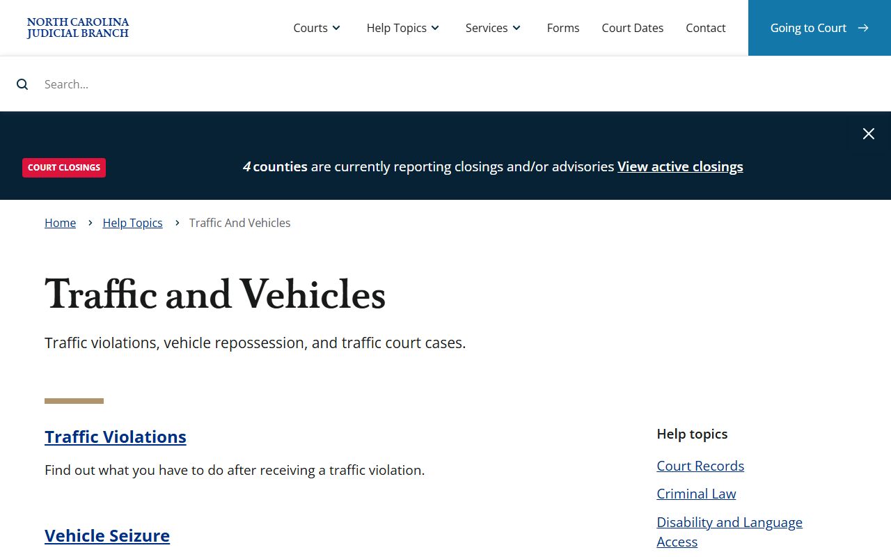 North Carolina traffic and vehicles help page for traffic ticket records