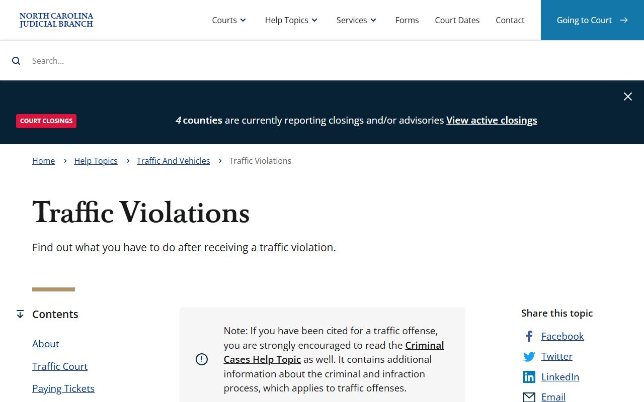 North Carolina traffic violations information page