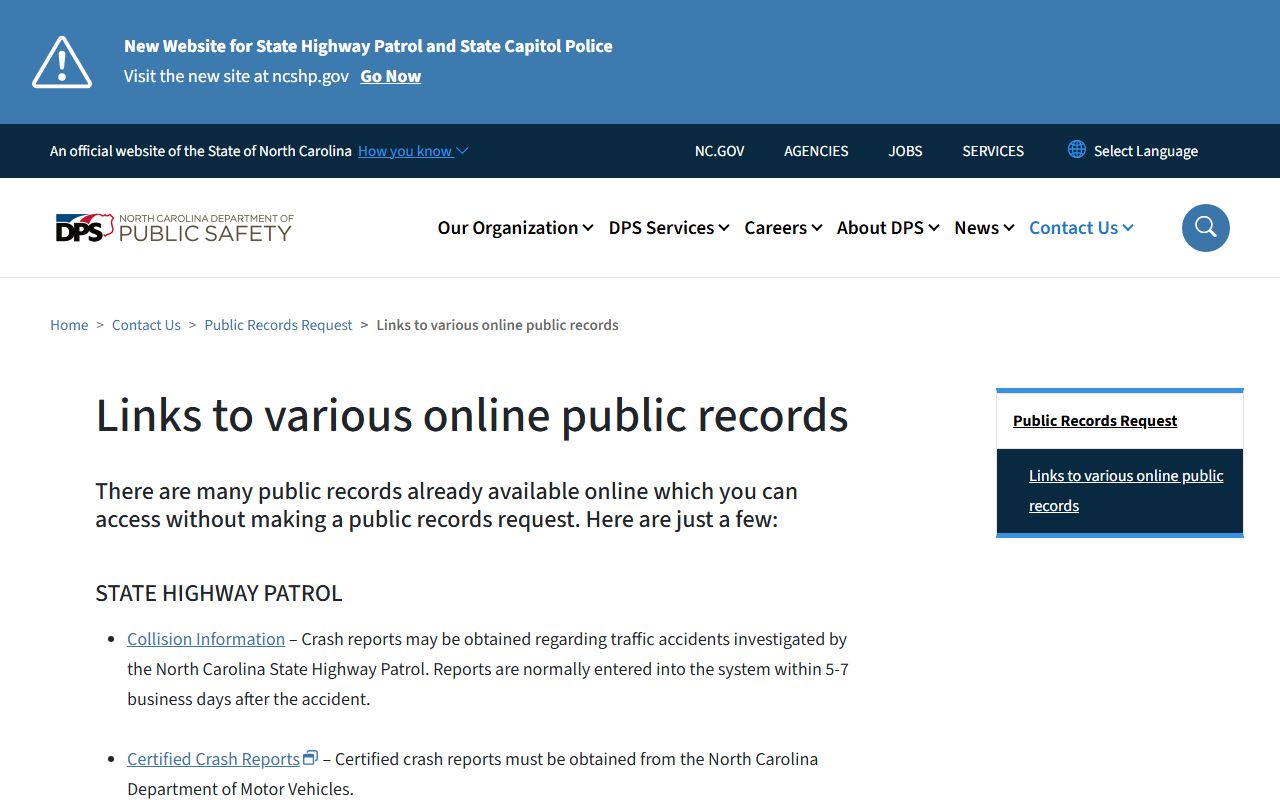 NCDPS public records links page for North Carolina